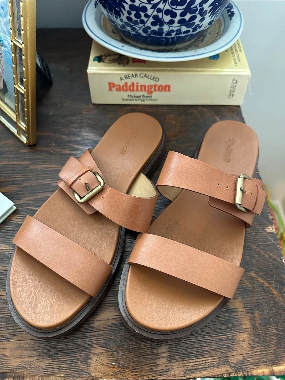 Madewell Cognac Leather Double-Strap Buckle Slide Sandals